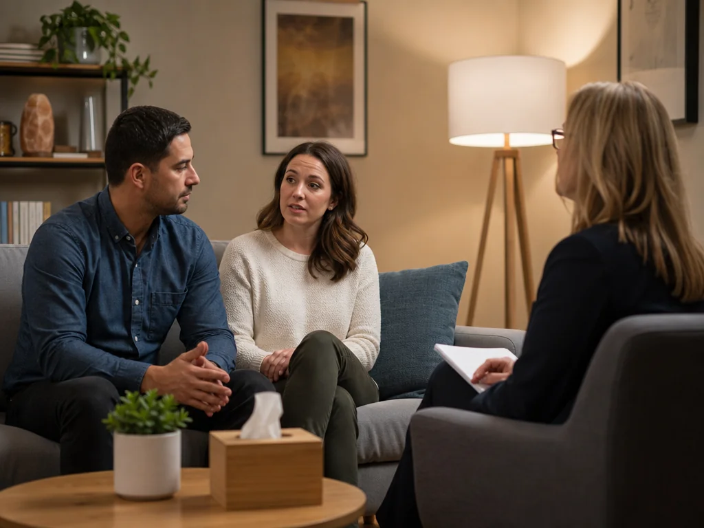 Couple engaged in a constructive therapy session