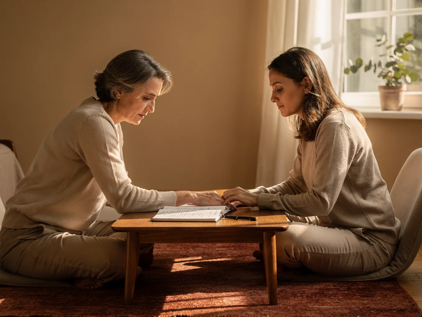 Therapist and client in a calm, supportive office setting
